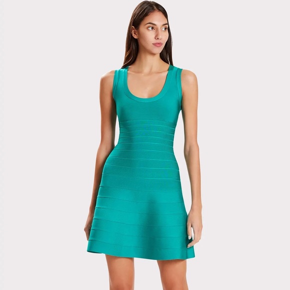 Herve Leger Teal turquoise bandage bodycon sleeveless a-line fit & flare dress - Picture 3 of 10